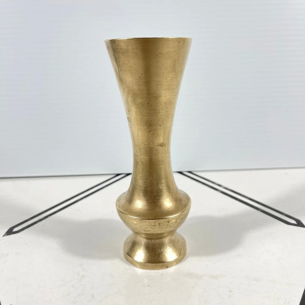 Vintage Solid Brass Bud Vase‎ Flared Rim Pedestal Base Gold Tone 5.5 Inch